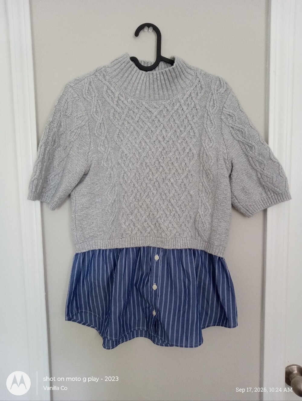 Anthropologie Maeve Melinda Cable Short-Sleeve Twofer Sweater Grey Blue Medium - Picture 2 of 12
